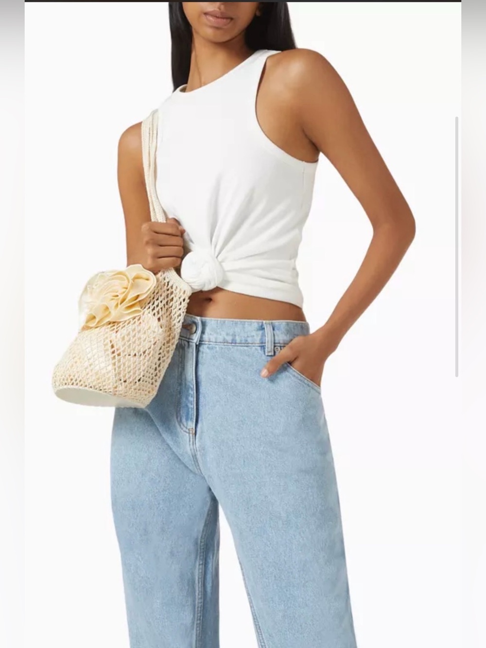 100% Cotton Ribbed Front Knot Cropped Tank Top White